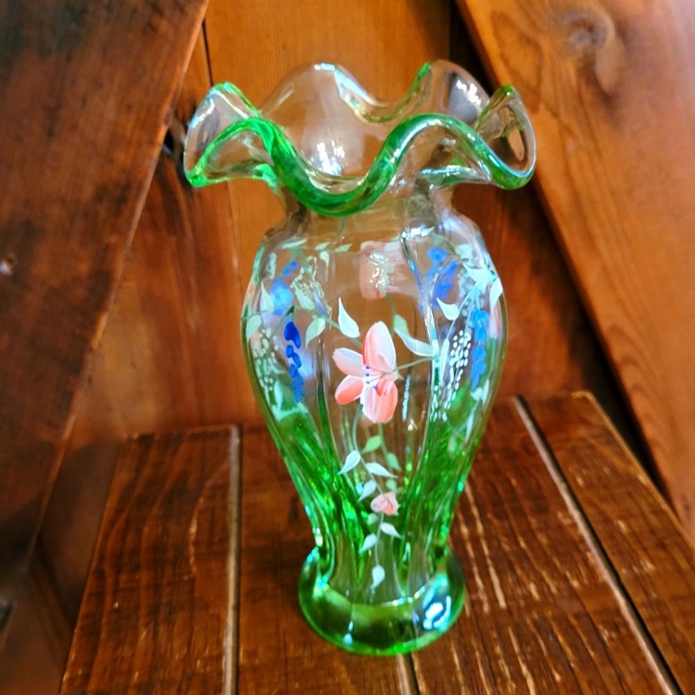 Vintage Fenton Hand Painted Light Green Vase with Flowers